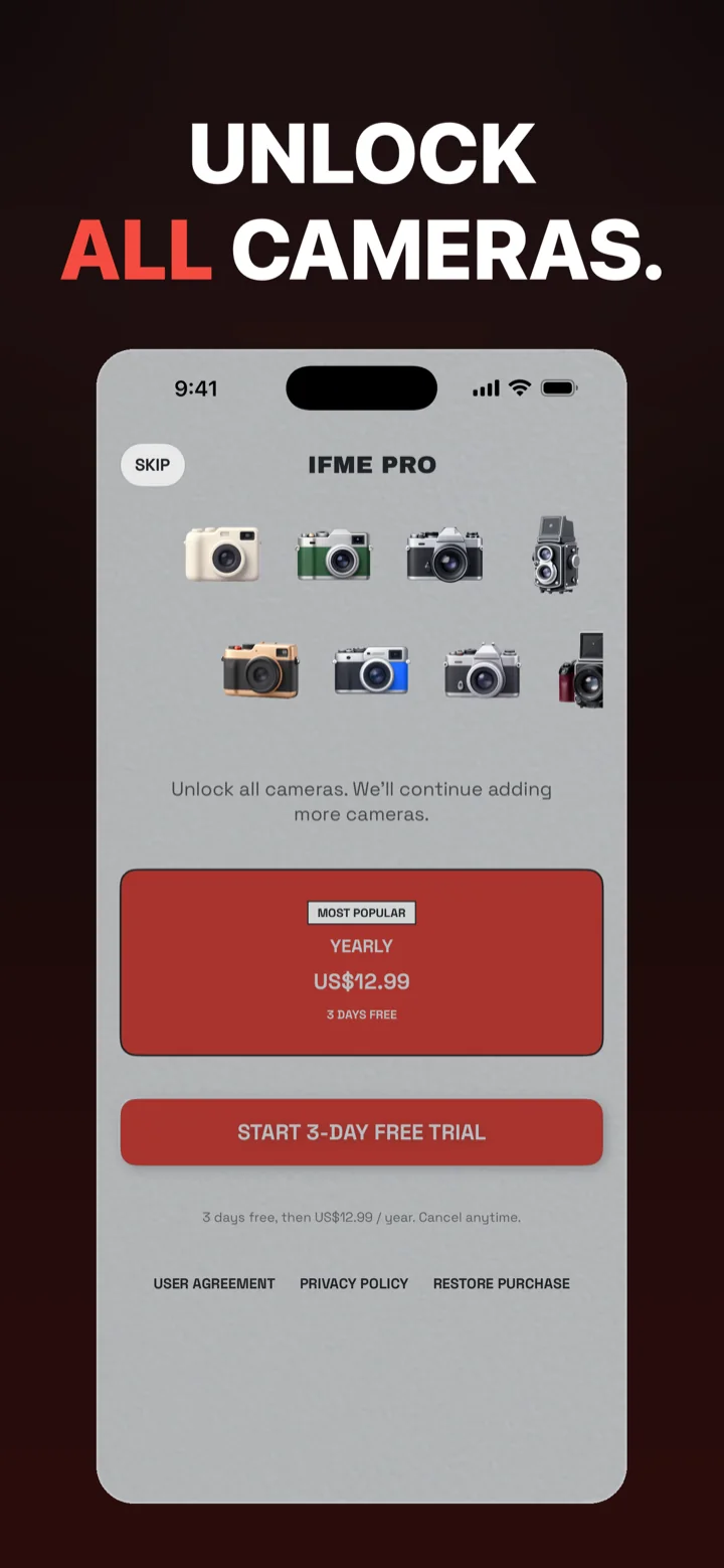 IFME Cam IFME PRO screen — unlock all 32 film cameras